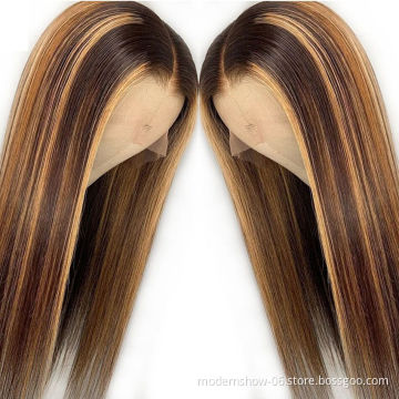 Highlight Straight Lace Front Wig P4/27 Honey Blonde Brown Pre Plucked Brazilian Remy Lace Frontal Human Hair Wigs For Women